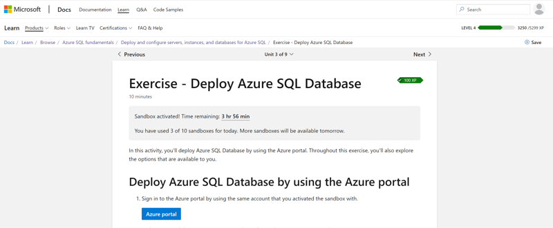 Screenshot of an exercise after launching the sandbox in the Azure Fundamentals Learning Path