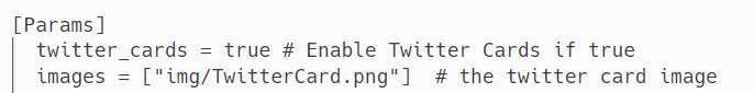 Screenshot of config.toml file showing the default images setting for Twitter cards with square brackets containing the image path