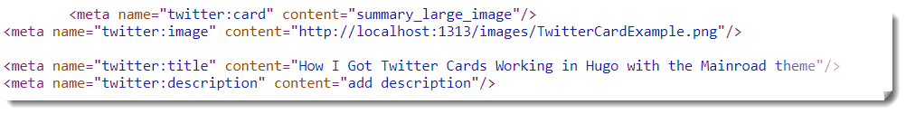 Screenshot of HTML source code showing Twitter card metadata tags including twitter:card, twitter:image, twitter:title, and twitter:description with the description set to 'add description'