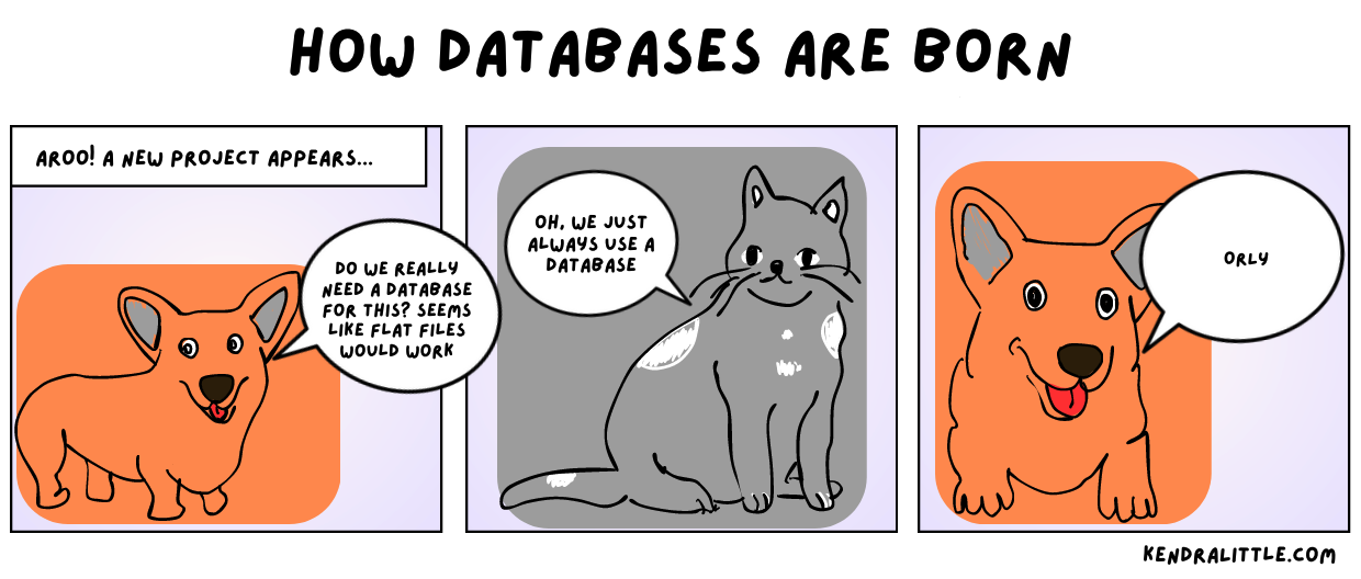 A comic illustration showing how databases are created, questioning whether a database is actually needed