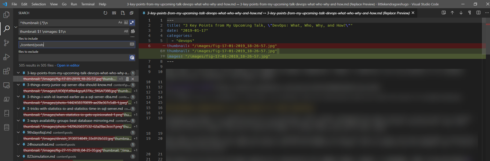 Screenshot of VS Code find and replace dialog showing a regular expression search pattern for thumbnail and replacement pattern to add images array
