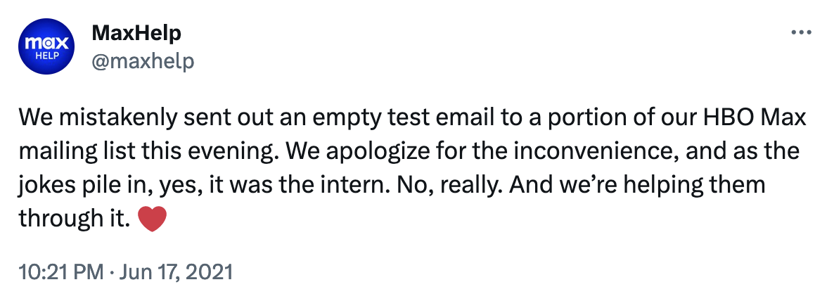 Screenshot of HBO Max's explanation about the integration test email
