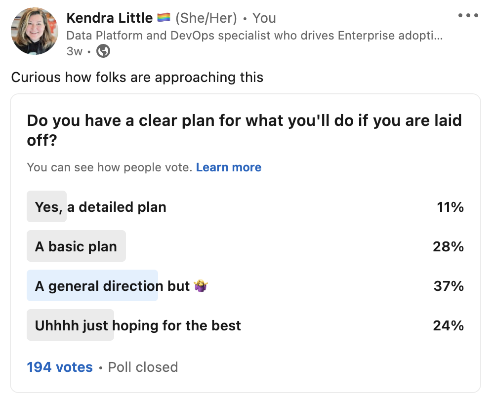 Screenshot of a LinkedIn poll showing how people are approaching career planning during tech layoffs