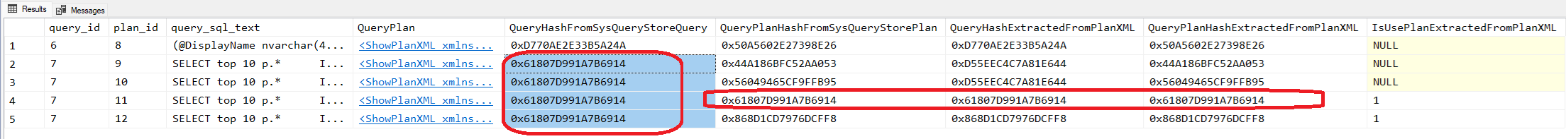 Screenshot of Query Store DMVs showing corrupted query hash values
