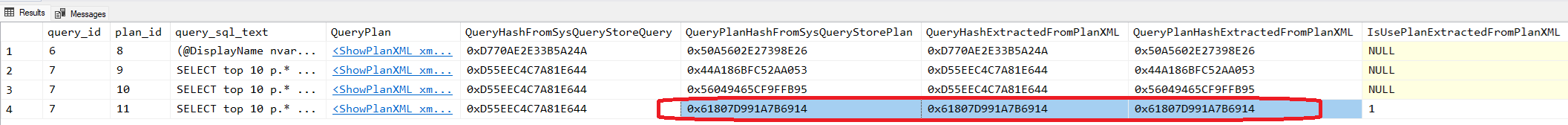 Screenshot of Query Store DMV view showing query hash identical to query plan hash