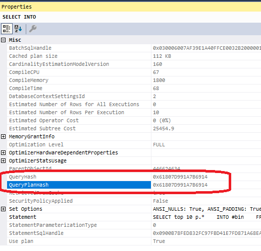 Screenshot of query plan properties in SSMS showing query hash identical to query plan hash