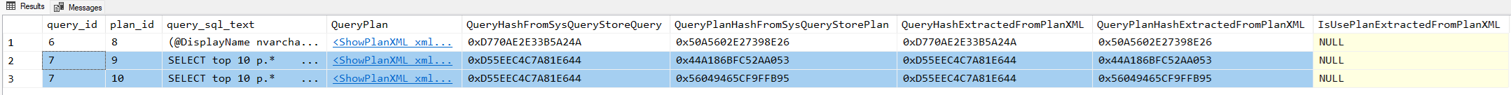 Screenshot of Query Store showing query hashes that appear normal