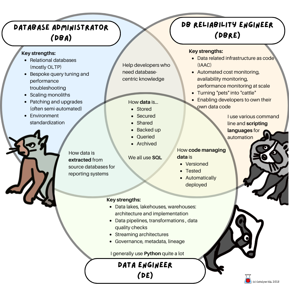 A professional Venn diagram illustrating the overlap between Database Administrator (DBA), Database Reliability Engineer (DBRE), and Data Engineer (DE) roles
